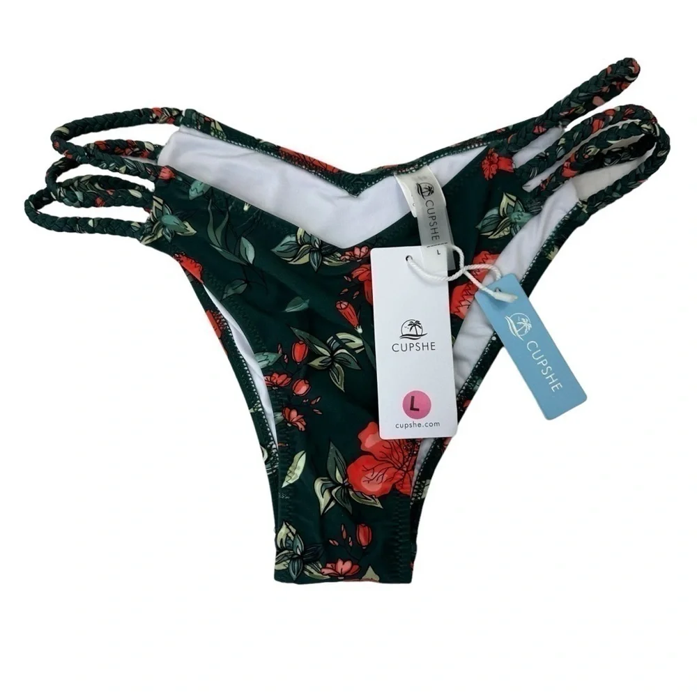Cupshe Green Floral Bikini Swim Bottoms, Large